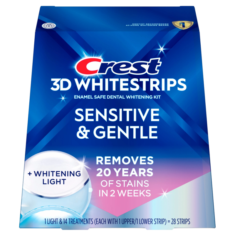 Paski Crest 3D Whitestrips Sensitive + LED Lampa, do wybielania zębów wrażliwych.