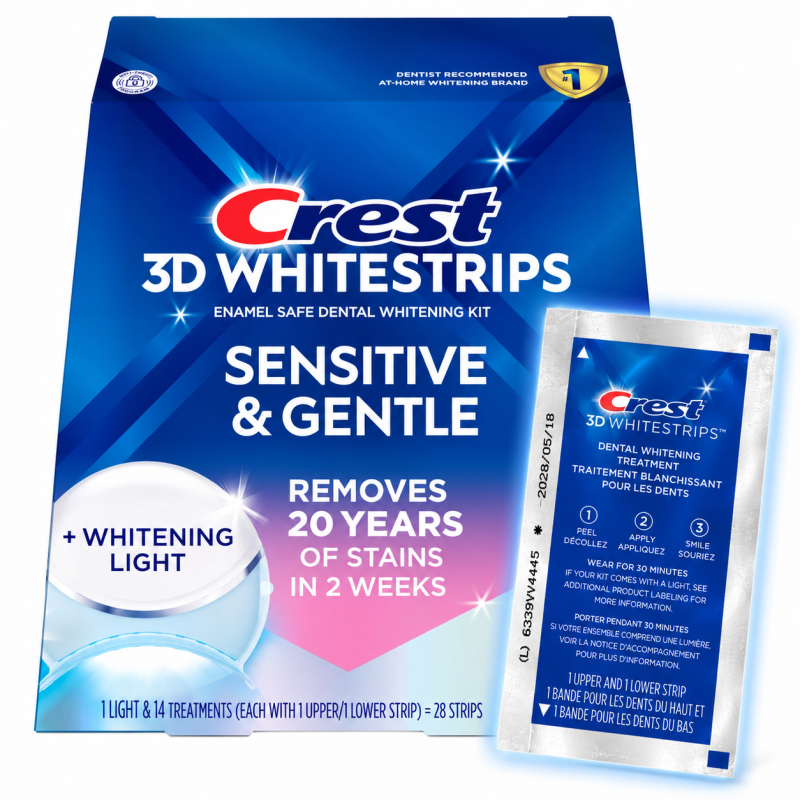 Paski Crest 3D Whitestrips Sensitive + LED Lampa – opakowanie z oryginalną saszetką