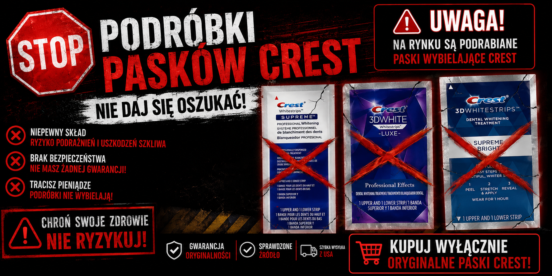 Podróbki Crest na rynku europejskim i polskim. Jak rozpoznać nieoryginalne paski wybielające Crest?
